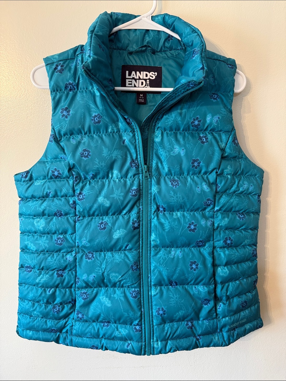 Lands' End Teal Floral Packable down feather  Puffer Vest